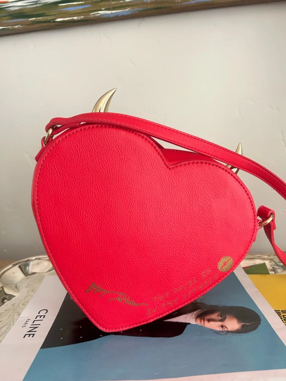 Betsey Johnson Red Glitter Heart Crossbody with Gold Devil Horn Detail - Picture 5 of 5
